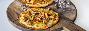 Tortilla pizza with potatoes and chanterelles