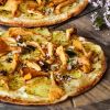 Tortilla pizza with potatoes and chanterelles