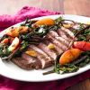 4- Pan-Seared Flank Steak With Peaches and Dandelion Greens